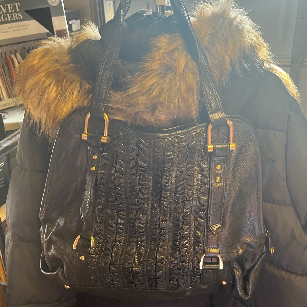 Tahari Black Ruffled Leather Satchel Bag